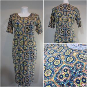 LuLaRoe Julia Dress Yellow Blue Coral Bodycon 2XL